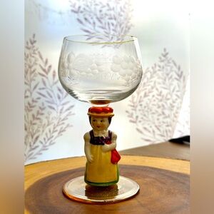 Vintage West Germany Ceramic Figure Gold Etched Wine Glass Goblet Grapes Girl